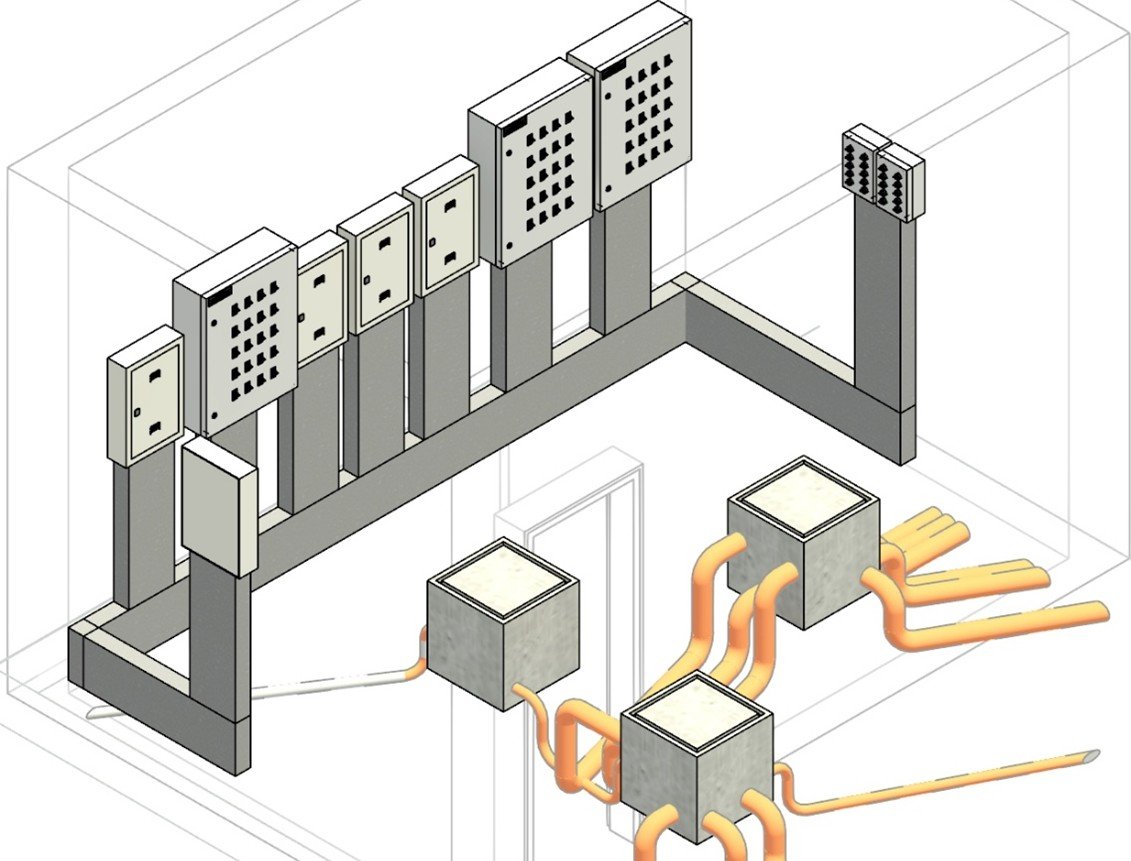 Modelo BIM de sala de dimmers com quadros elétricos sobre base, caixas de passagem e eletrodutos